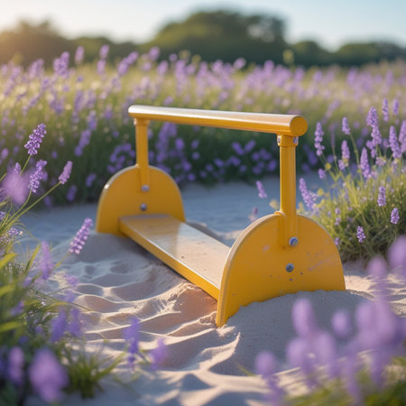 Playground in the lavender field at sunset, shallow depth of fieldの素材