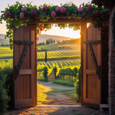 Wineyard in Tuscany, Italy, at sunset.の素材