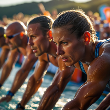 Unidentified swimmers at the Women's ITU World Triathlon series event August 22, 2016 in Stockholm, Swedenの素材