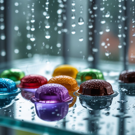Colorful chocolate candies with drops of rain on the glass.の素材