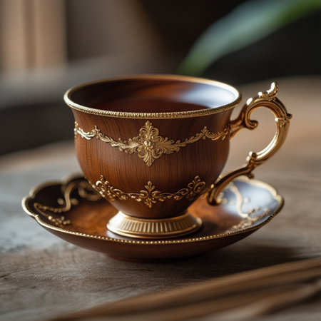 Elegant antique coffee cup on wooden table. Selective focus.の素材