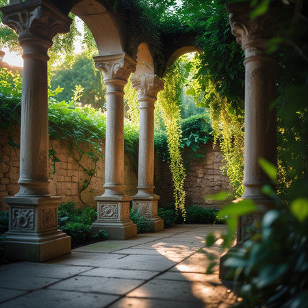 Garden with arches and columns in the light of the setting sunの素材