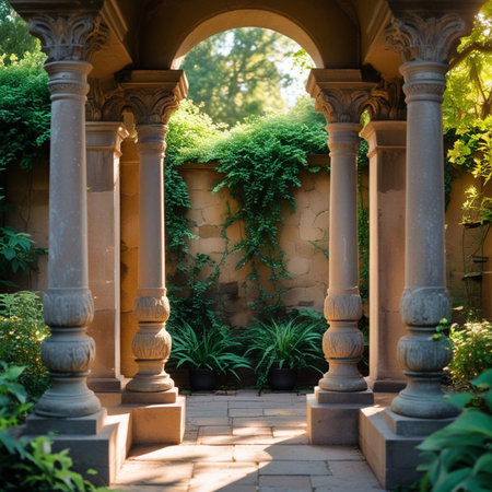 Beautiful garden with arches and columns on a sunny day.の素材