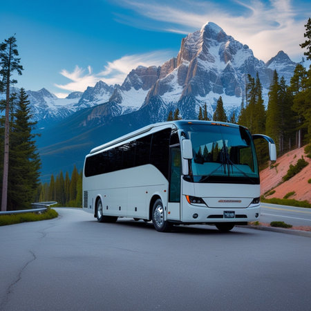 Tourist bus on the road in Banff National Park, Alberta, Canadaの素材