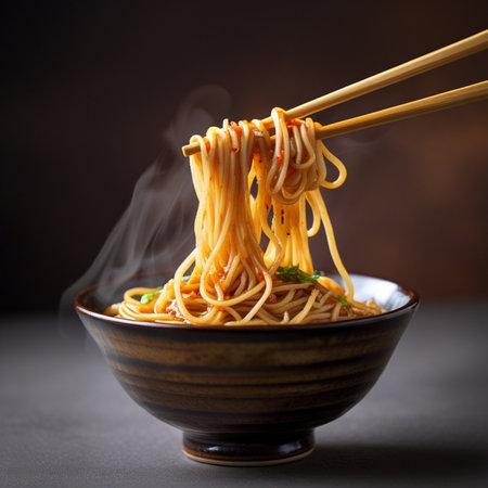 chinese noodles with chopsticks in a bowl on a dark backgroundの素材