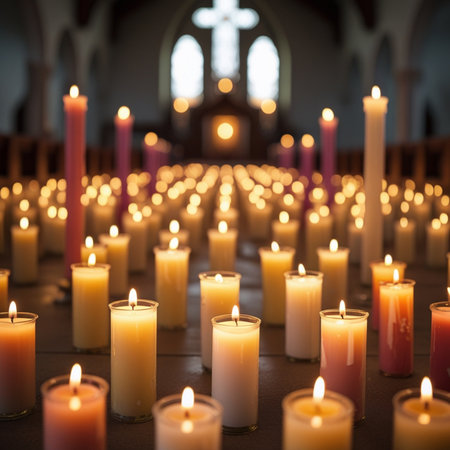 Candles burning in church, shallow depth of field, tonedの素材