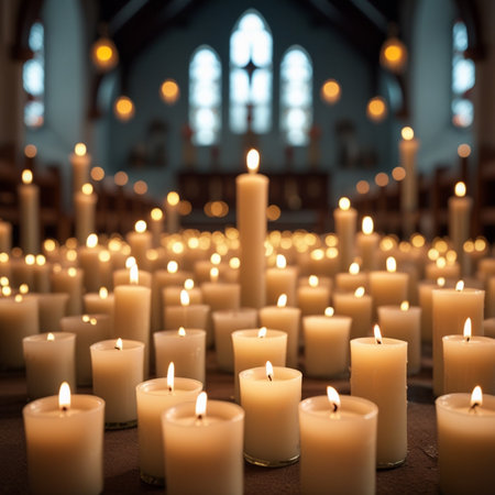 Burning candles in the church, christianity, religion, faithの素材