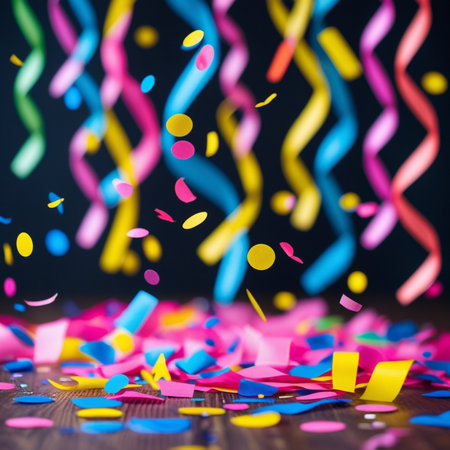 Colorful confetti and streamers on wooden floor. Party backgroundの素材