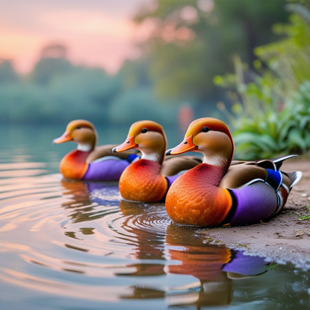Group of ducks resting on the shore of a lake at sunset.の素材