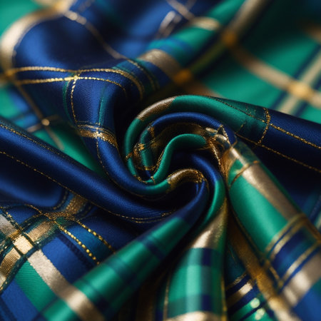 Texture, background, pattern, silk fabric of blue and green, with a checkered pattern. Scottish tartan is a traditional Scottish fabric.の素材