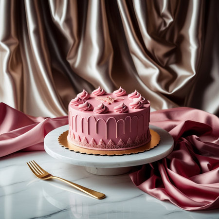Cake with pink cream on white marble table and silk fabric backgroundの素材