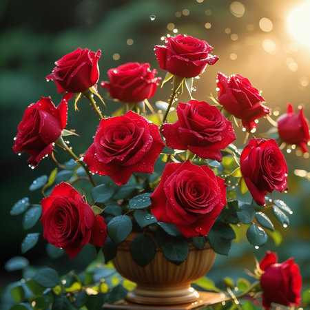 Beautiful red roses in a vase on a background of green foliageの素材
