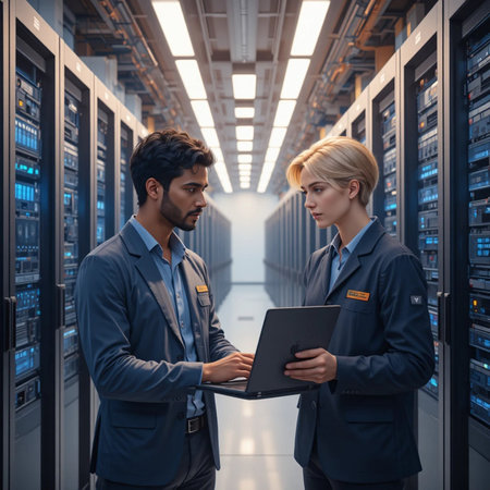 Serious businessman and businesswoman discussing over digital tablet in server roomの素材