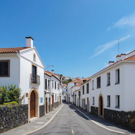 Narrow street with white houses in the old town of Evora, Portugalの素材