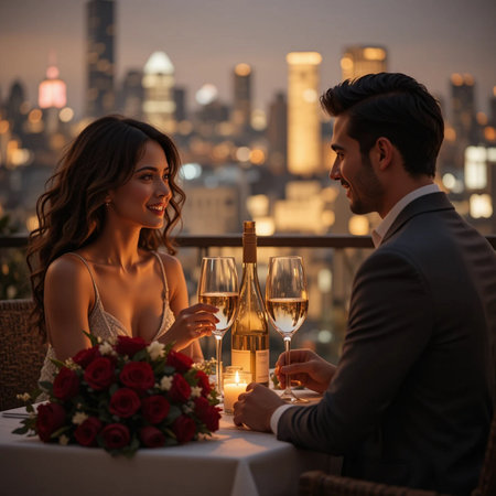 Romantic dinner in a restaurant. Beautiful young couple sitting in a restaurant and holding glasses of champagneの素材