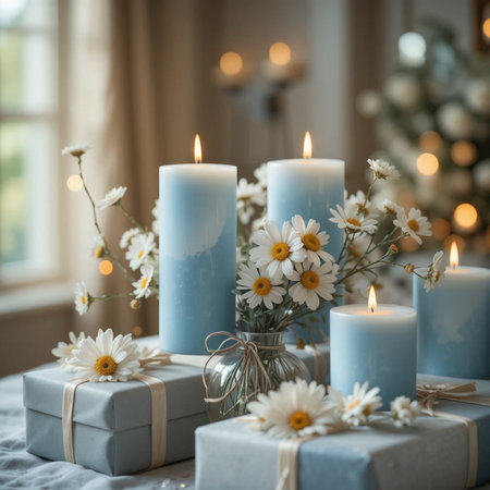 Beautiful composition with candles, gift boxes and daisies on the windowsillの素材