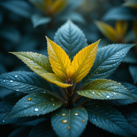 Green leaves with drops of water after the rain. Nature background.の素材