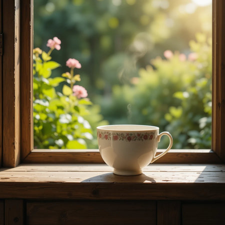 Coffee cup on wooden window sill with garden view background.の素材