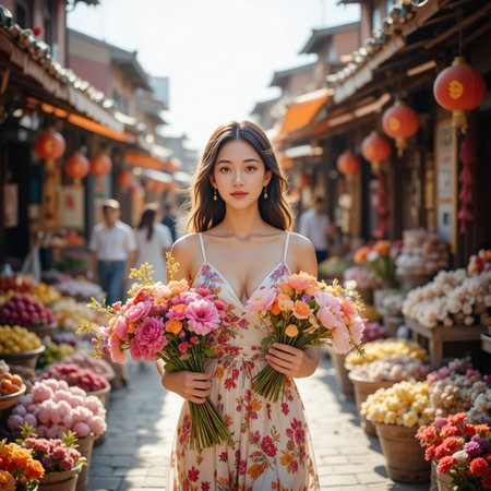 Beautiful asian woman holding bunch of flowers in the street.の素材
