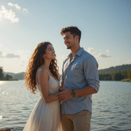 Young couple in love on the background of the lake. A man and a woman are walking along the shore.の素材