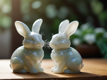 White easter bunnies on wooden table with green background.の素材