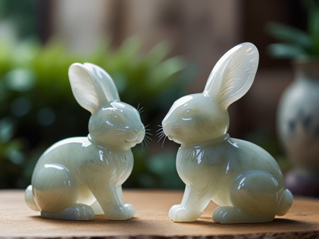 Ceramic Easter bunnies on a wooden table in the gardenの素材