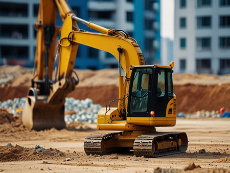 excavator at a construction site on a background of new buildingsの素材