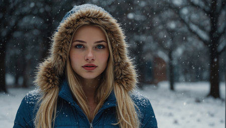 Beautiful young woman in a winter park. Girl in a blue jacket.の素材