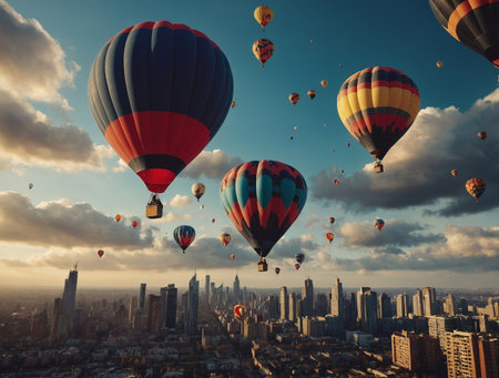 Hot air balloons flying over the city at sunset. 3D renderingの素材