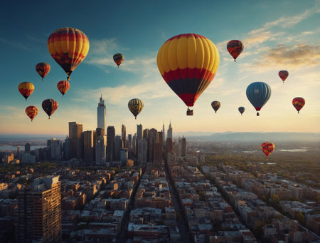 Colorful hot air balloons flying over modern city. 3D renderingの素材