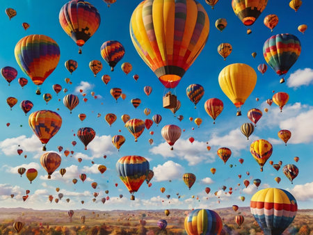 Colorful hot air balloons fly in the blue sky above the field.の素材