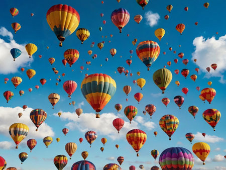 Hot air balloons fly over the city of Albuquerque, New Mexico.の素材