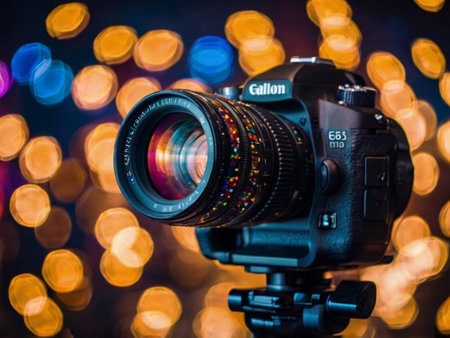 Digital camera on tripod with bokeh lights in the background.の素材