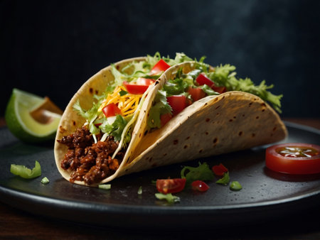 Mexican tacos with beef, cheese and vegetables on a black plateの素材