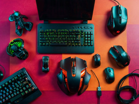 Computer mouse, keyboard, mouse, joystick and mouse pad on colorful backgroundの素材