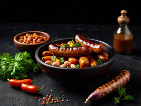 Grilled sausages with vegetables in a bowl on a black backgroundの素材