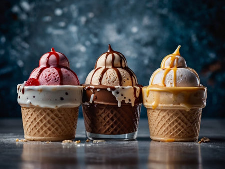 Vanilla and chocolate ice cream in waffle cones, selective focusの素材
