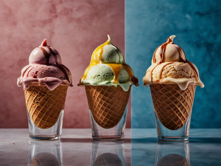 Colorful ice cream in waffle cones on blue and pink backgroundの素材
