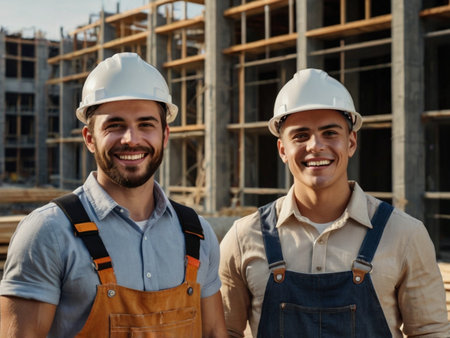 Portrait of two smiling builders in hardhats at construction siteの素材