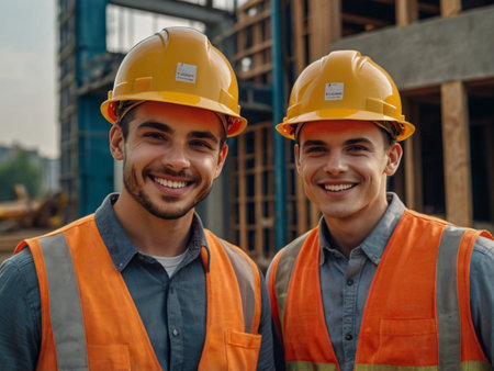 Portrait of two smiling workers in hardhats looking at cameraの素材
