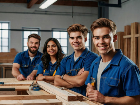 Portrait of a group of smiling carpenters standing in a workshopの素材