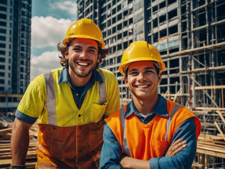Portrait of two smiling builders in hardhats on construction siteの素材