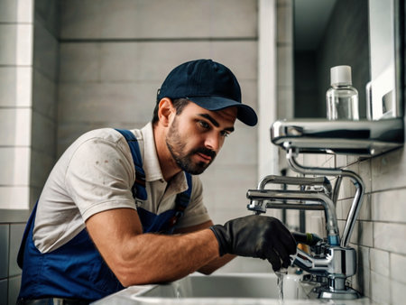 Handsome young plumber in uniform washing sink in bathroom.の素材
