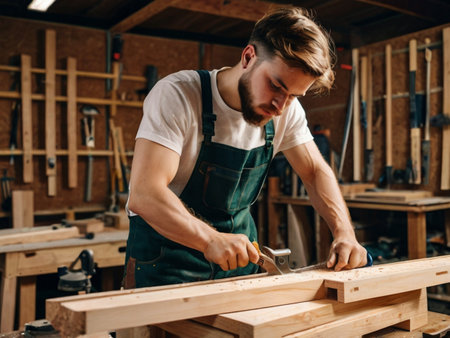 Carpenter working on a wooden plank in a carpentry workshop.の素材