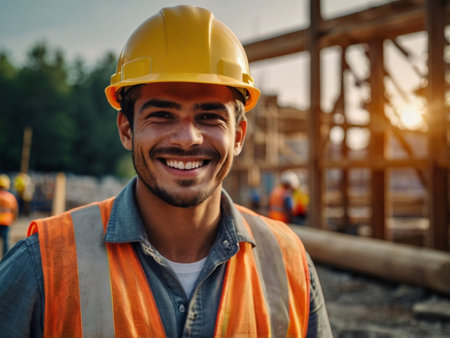 Portrait of a smiling male worker in a hardhat on a construction siteの素材