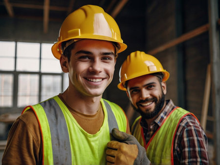 Portrait of two smiling builders in hardhats looking at cameraの素材