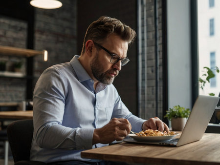 Handsome middle-aged man in eyeglasses eating breakfast and using laptop in cafeの素材