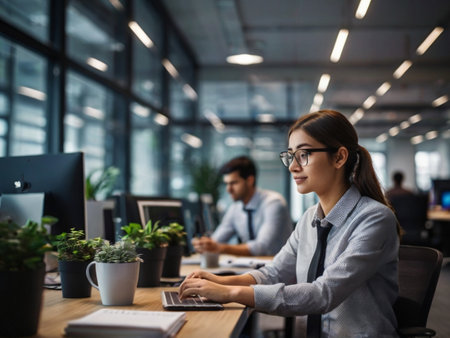 Portrait of young Asian businesswoman working with computer in modern officeの素材