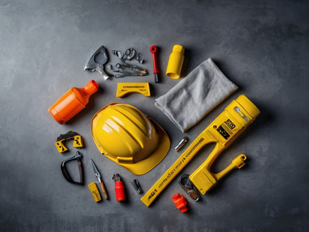 Set of construction tools on gray background. Top view with copy spaceの素材
