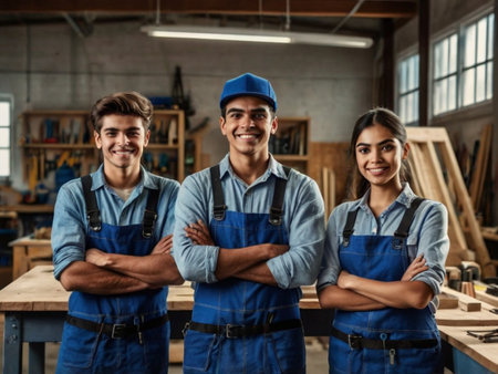 Portrait of happy carpenters standing with arms crossed in workshopの素材